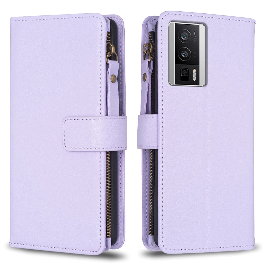 Xiaomi Redmi K60 Leather Flip Wallet Phone Case with 9 Card Slots, Zipper Compartment, and Adjustable Stand