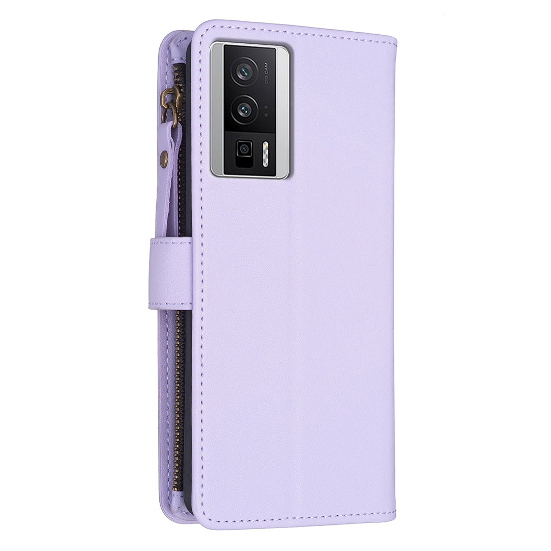 Xiaomi Redmi K60 Pro Leather Flip Wallet Phone Case with 9 Card Slots, Zipper Compartment, and Adjustable Stand