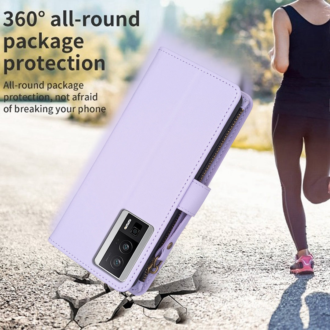 Xiaomi Redmi K60 Pro Leather Flip Wallet Phone Case with 9 Card Slots, Zipper Compartment, and Adjustable Stand