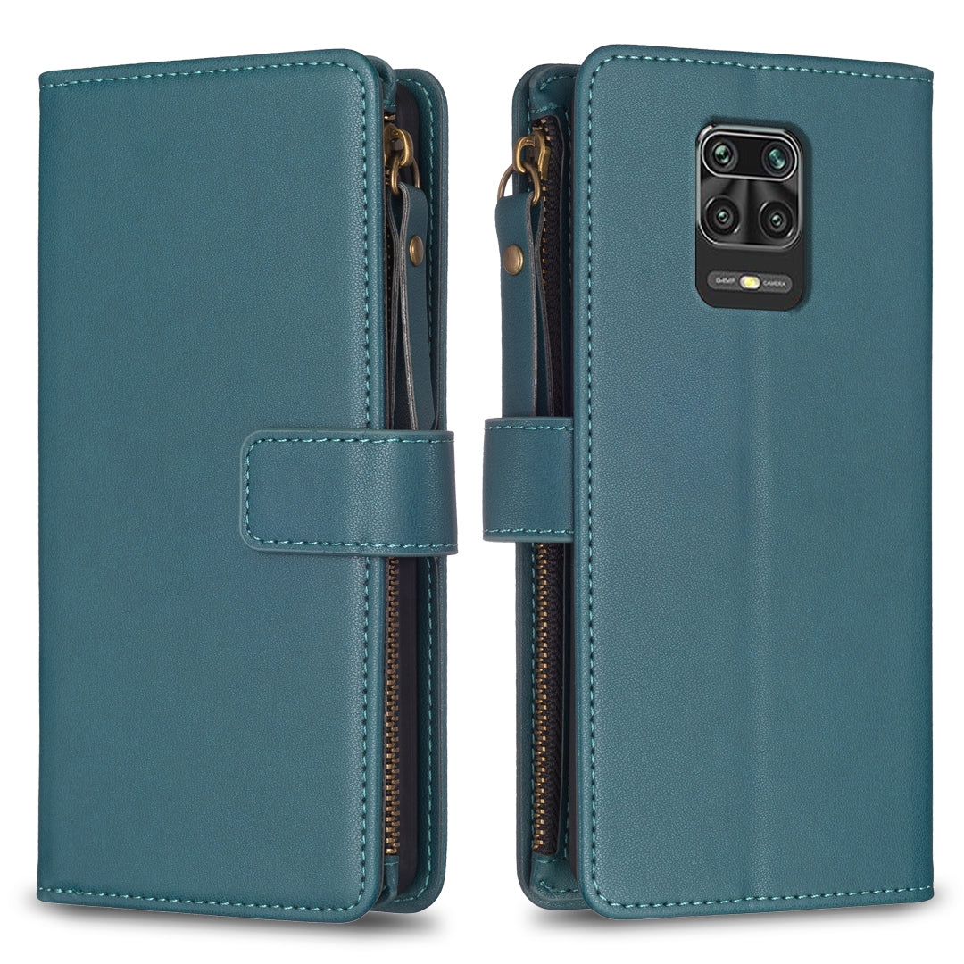 Xiaomi Redmi Note 9 Pro Max Leather Flip Wallet Phone Case with 9 Card Slots, Zipper Compartment, and Adjustable Stand
