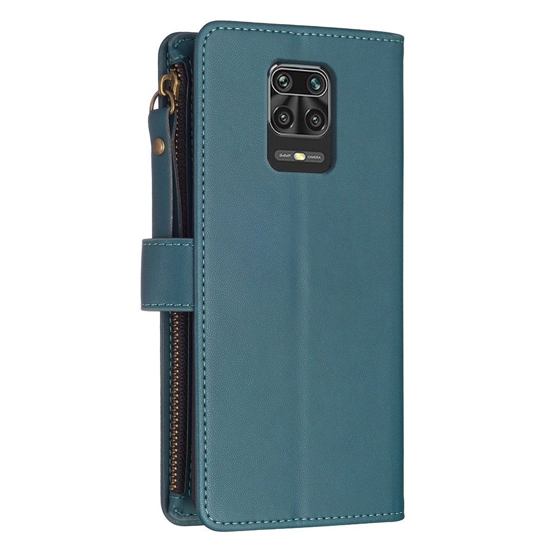Xiaomi Redmi Note 9 Pro Max Leather Flip Wallet Phone Case with 9 Card Slots, Zipper Compartment, and Adjustable Stand