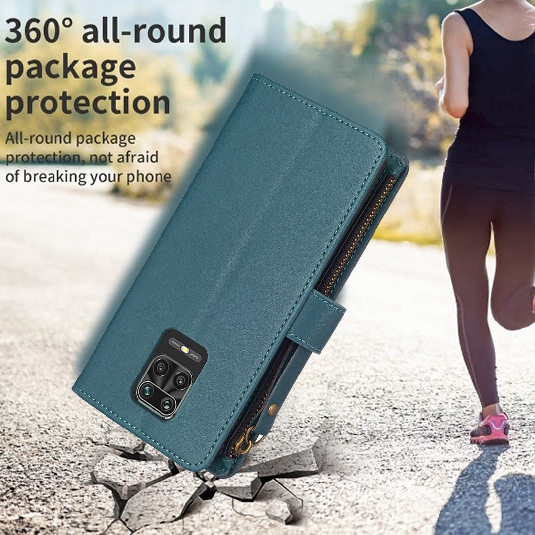 Xiaomi Redmi Note 9 Pro Max Leather Flip Wallet Phone Case with 9 Card Slots, Zipper Compartment, and Adjustable Stand