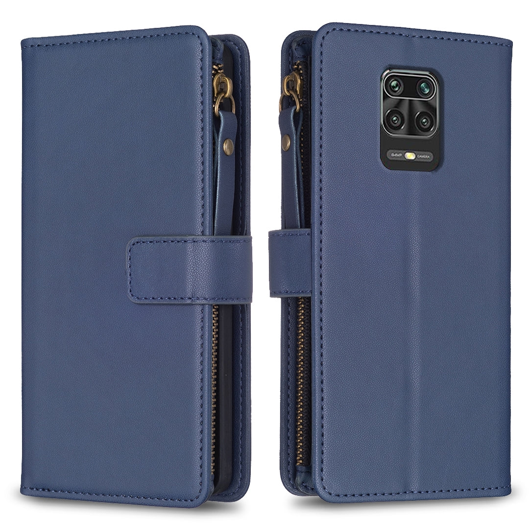 Xiaomi Redmi Note 9 Pro Max Leather Flip Wallet Phone Case with 9 Card Slots, Zipper Compartment, and Adjustable Stand