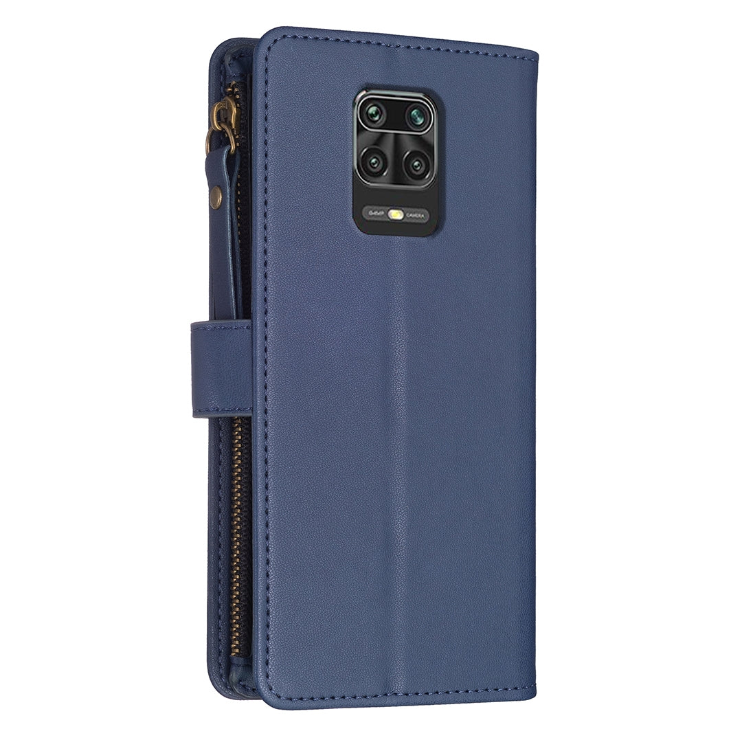 Xiaomi Redmi Note 9 Pro Max Leather Flip Wallet Phone Case with 9 Card Slots, Zipper Compartment, and Adjustable Stand