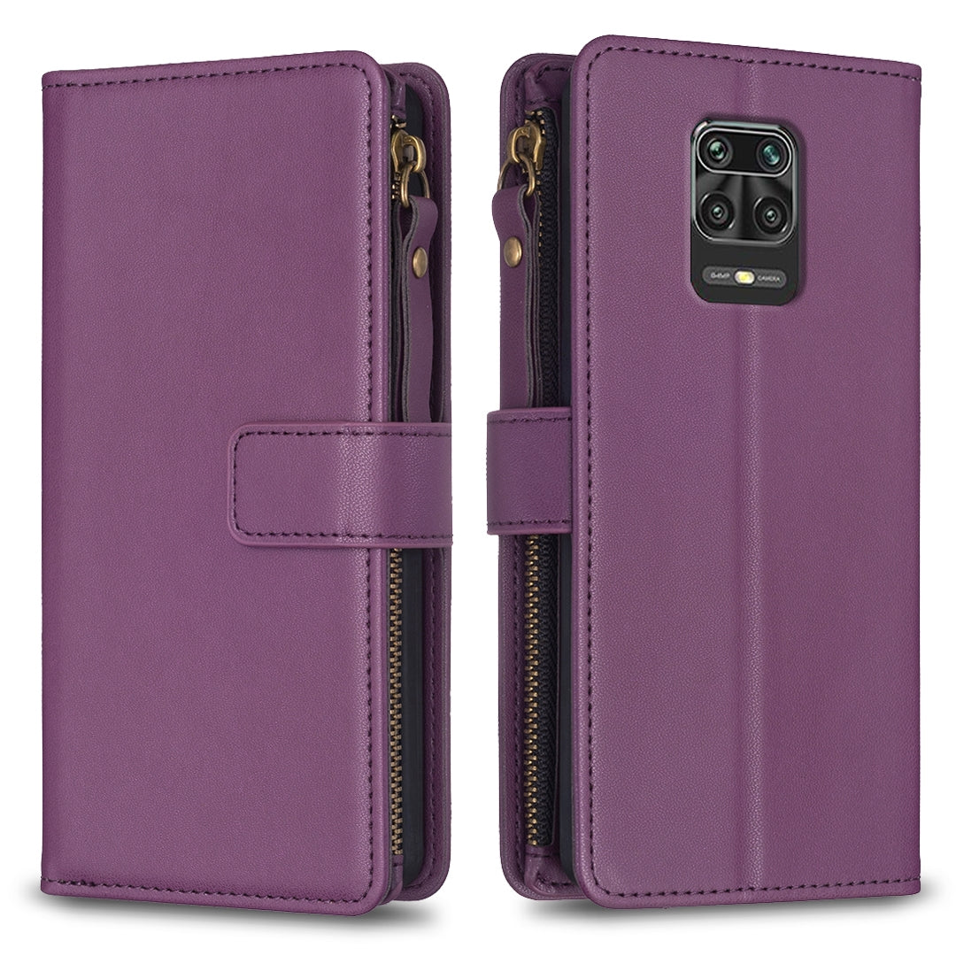 Xiaomi Redmi Note 9 Pro Max Leather Flip Wallet Phone Case with 9 Card Slots, Zipper Compartment, and Adjustable Stand