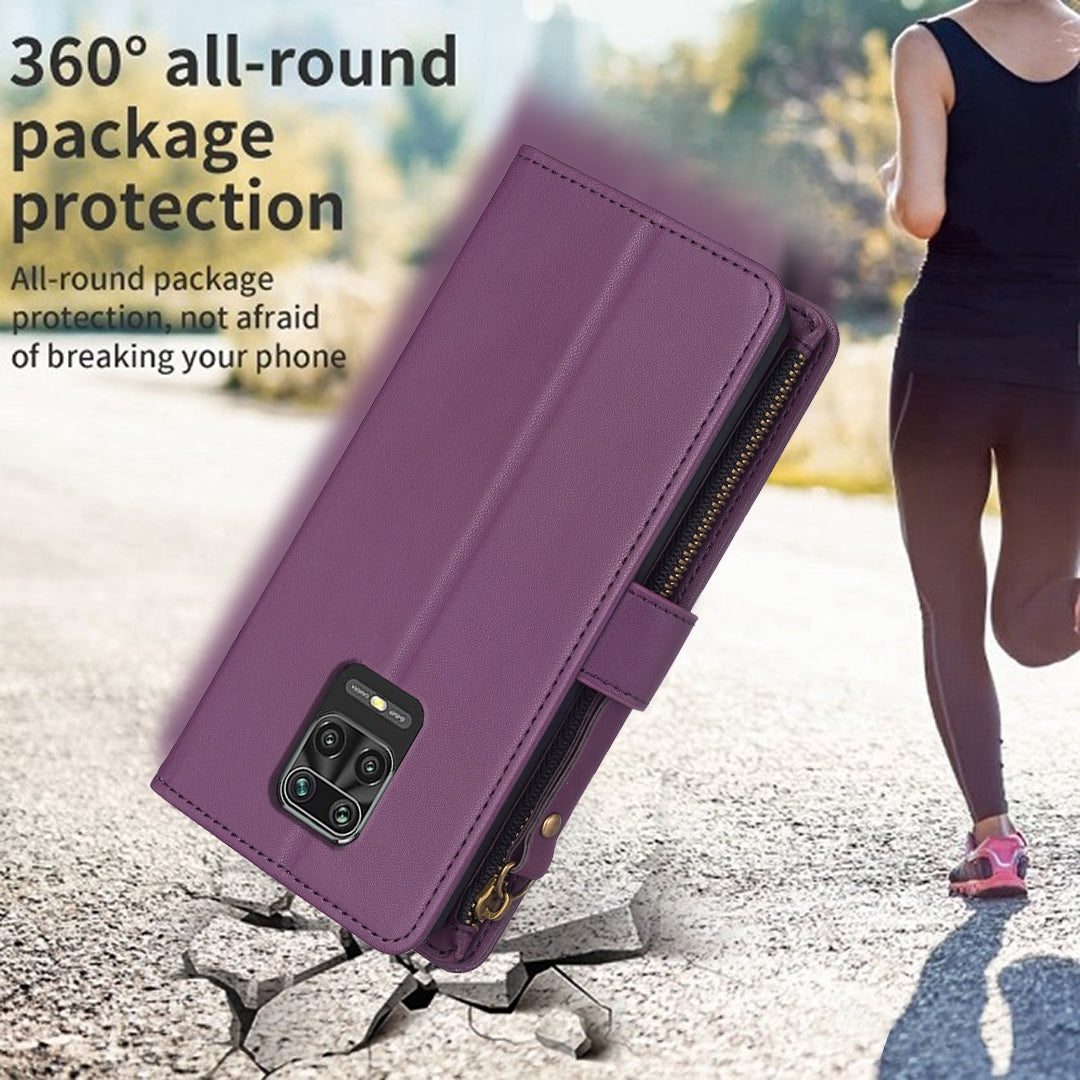 Xiaomi Redmi Note 9 Pro Max Leather Flip Wallet Phone Case with 9 Card Slots, Zipper Compartment, and Adjustable Stand