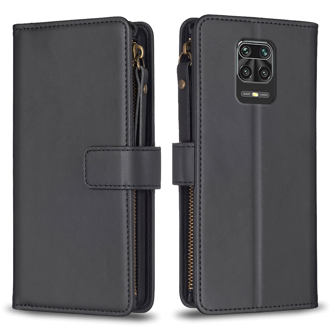 Xiaomi Redmi Note 9 Pro Max Leather Flip Wallet Phone Case with 9 Card Slots, Zipper Compartment, and Adjustable Stand