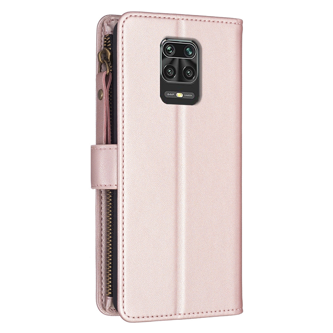 Xiaomi Redmi Note 9 Pro Max Leather Flip Wallet Phone Case with 9 Card Slots, Zipper Compartment, and Adjustable Stand