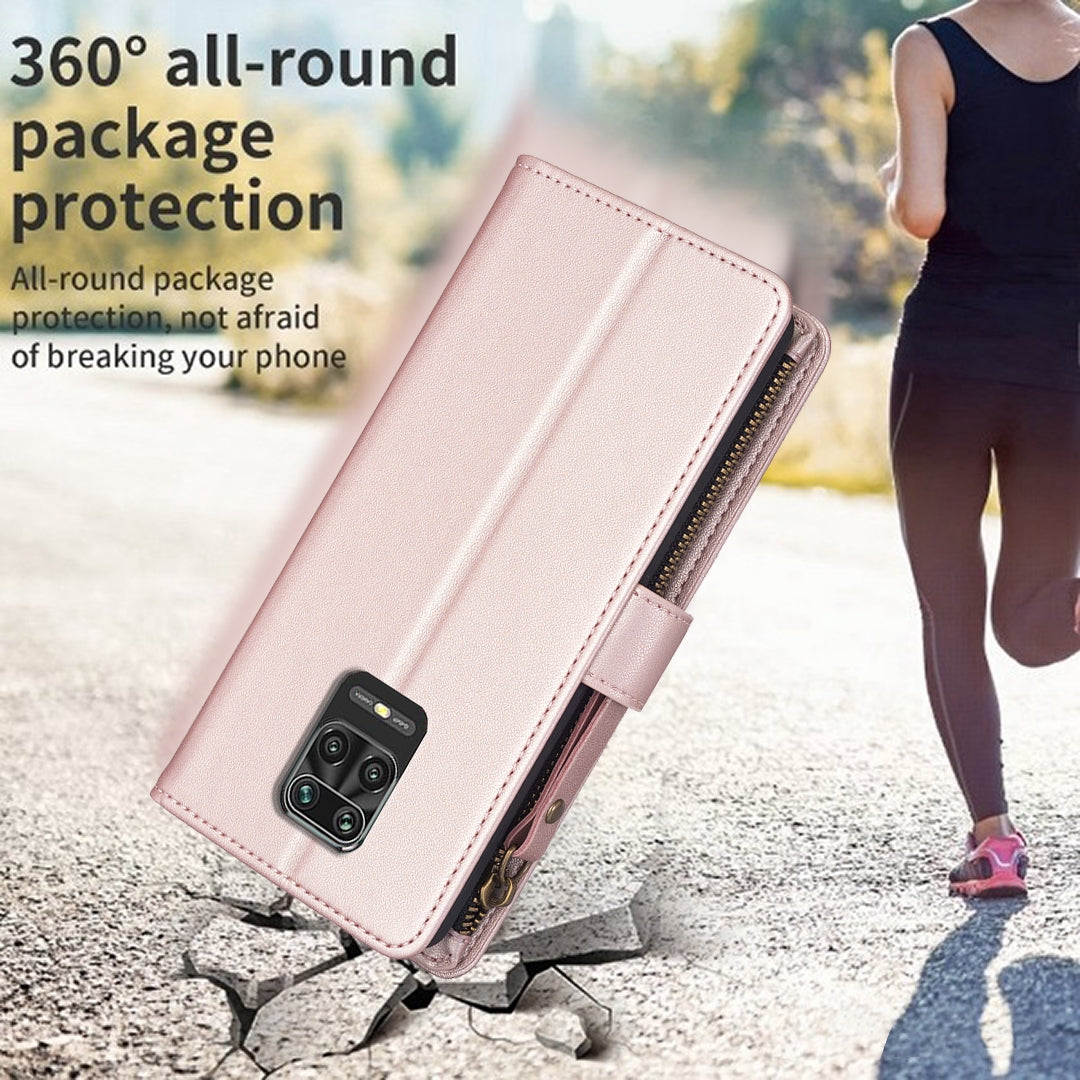 Xiaomi Redmi Note 9 Pro Max Leather Flip Wallet Phone Case with 9 Card Slots, Zipper Compartment, and Adjustable Stand