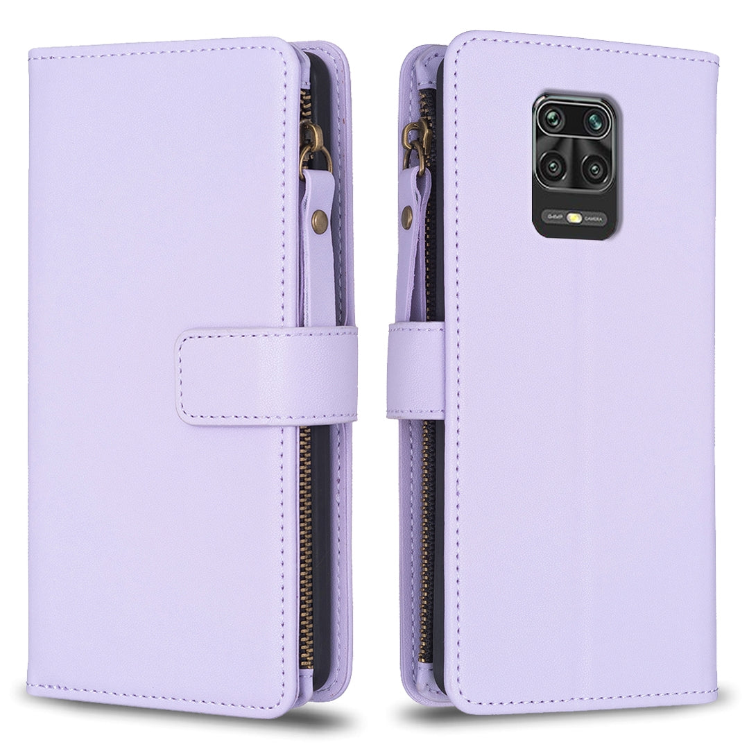 Xiaomi Redmi Note 9 Pro Max Leather Flip Wallet Phone Case with 9 Card Slots, Zipper Compartment, and Adjustable Stand