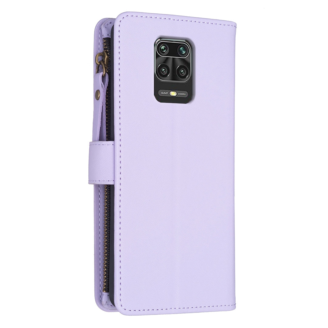 Xiaomi Redmi Note 9 Pro Max Leather Flip Wallet Phone Case with 9 Card Slots, Zipper Compartment, and Adjustable Stand