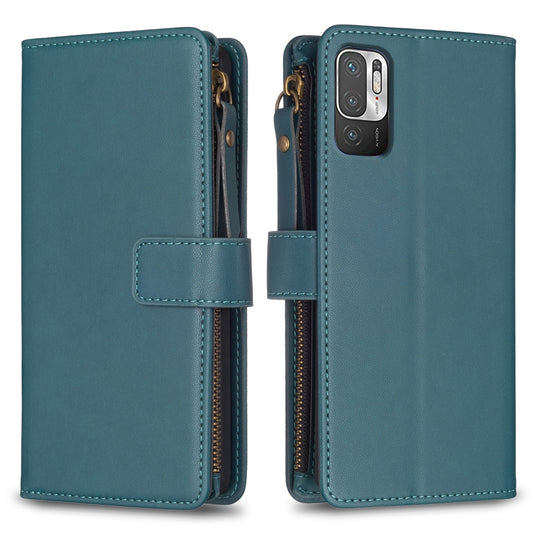 Xiaomi Redmi Note 10 5G Leather Flip Wallet Phone Case with 9 Card Slots, Zipper Compartment, and Adjustable Stand