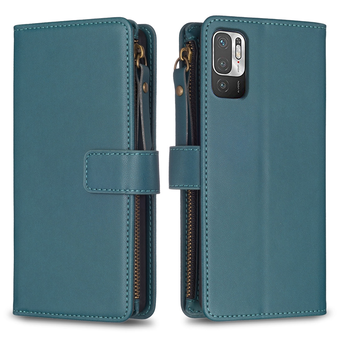 Xiaomi Redmi Note 10 5G Leather Flip Wallet Phone Case with 9 Card Slots, Zipper Compartment, and Adjustable Stand