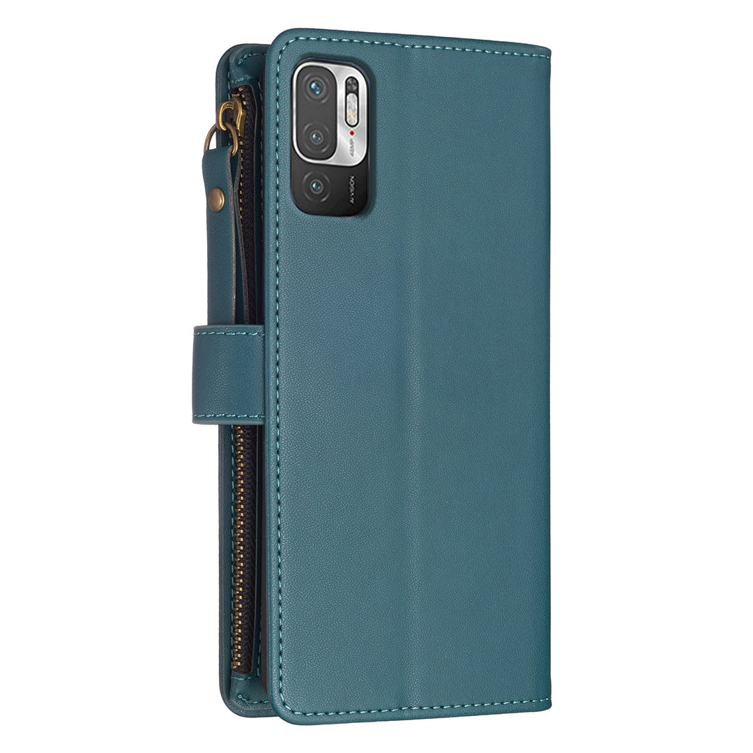 Xiaomi Redmi Note 10 5G Leather Flip Wallet Phone Case with 9 Card Slots, Zipper Compartment, and Adjustable Stand