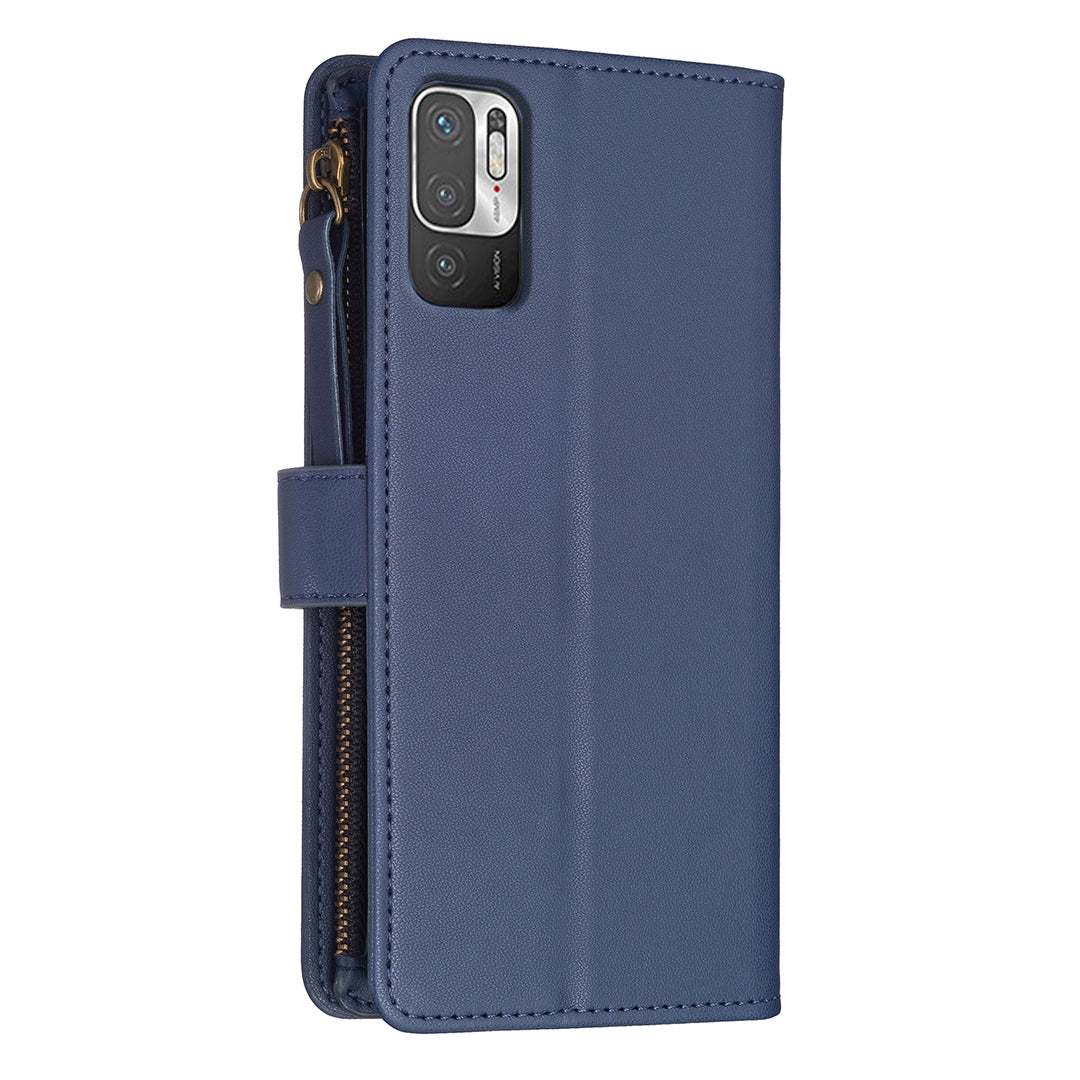 Xiaomi Redmi Note 10 5G Leather Flip Wallet Phone Case with 9 Card Slots, Zipper Compartment, and Adjustable Stand