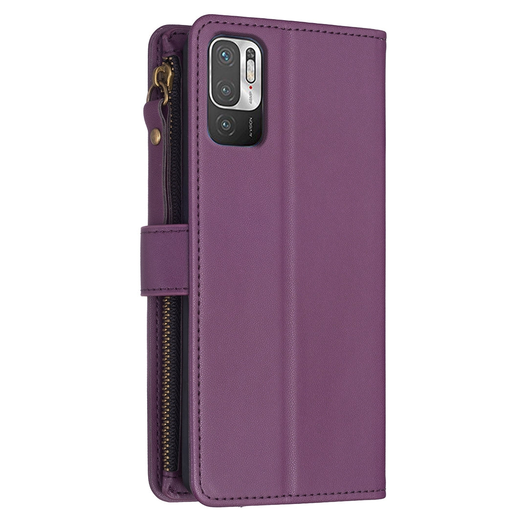 Xiaomi Redmi Note 10 5G Leather Flip Wallet Phone Case with 9 Card Slots, Zipper Compartment, and Adjustable Stand