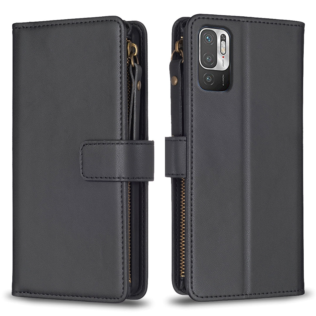Xiaomi Redmi Note 10 5G Leather Flip Wallet Phone Case with 9 Card Slots, Zipper Compartment, and Adjustable Stand
