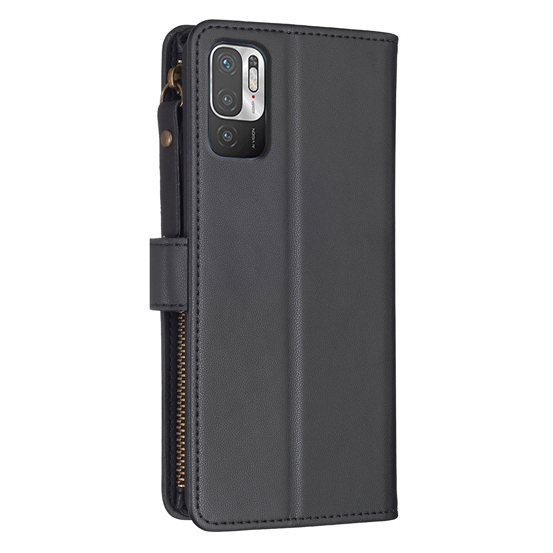 Xiaomi Redmi Note 10 5G Leather Flip Wallet Phone Case with 9 Card Slots, Zipper Compartment, and Adjustable Stand