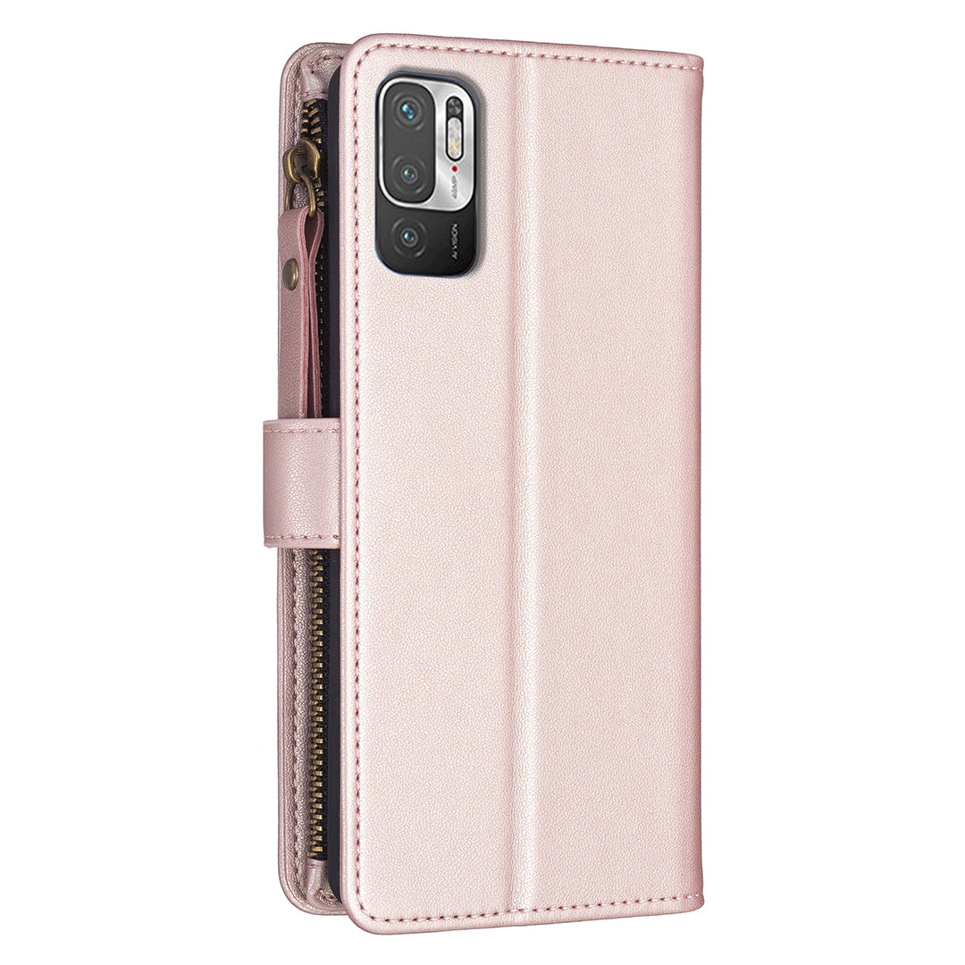 Xiaomi Redmi Note 10 5G Leather Flip Wallet Phone Case with 9 Card Slots, Zipper Compartment, and Adjustable Stand