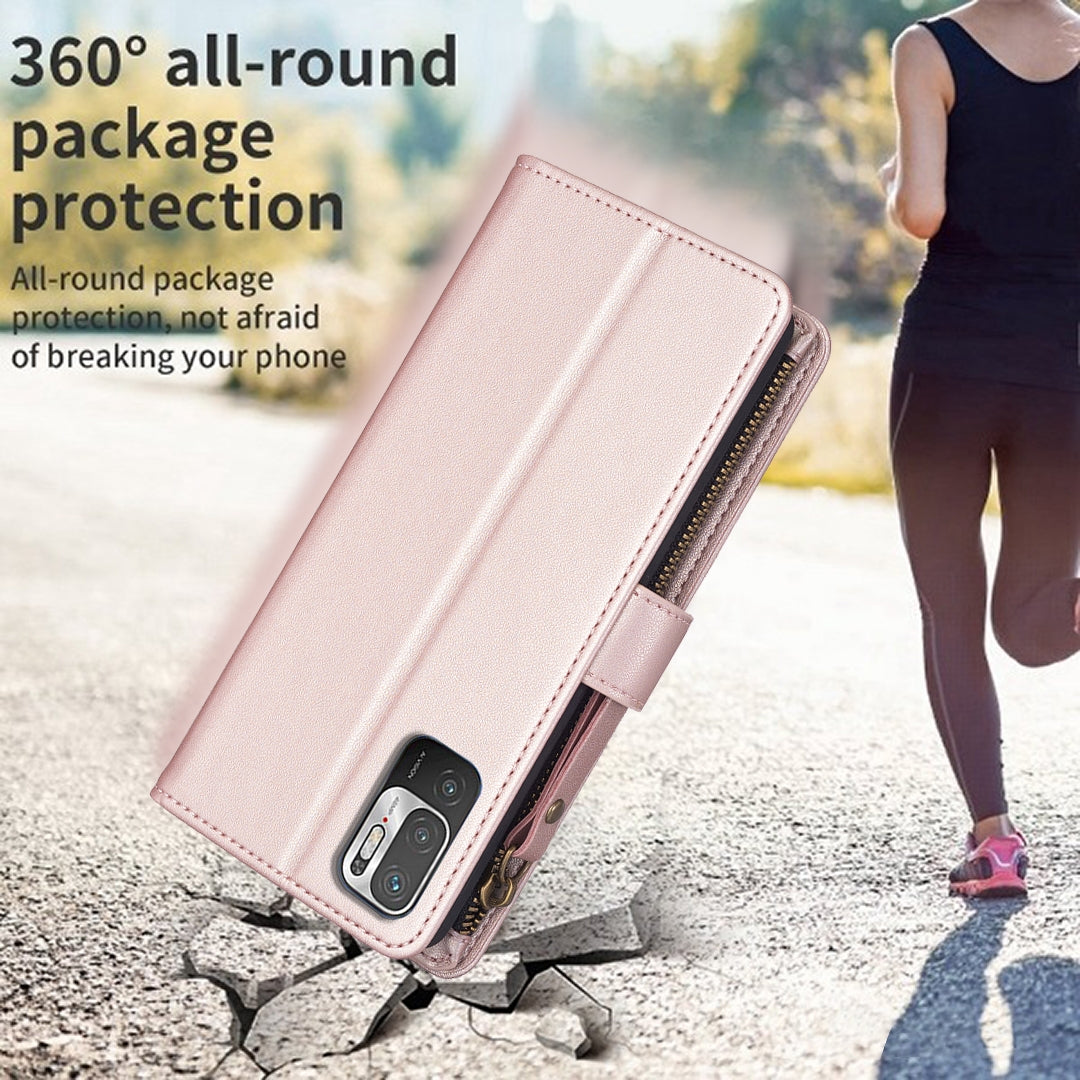 Xiaomi Redmi Note 10 5G Leather Flip Wallet Phone Case with 9 Card Slots, Zipper Compartment, and Adjustable Stand