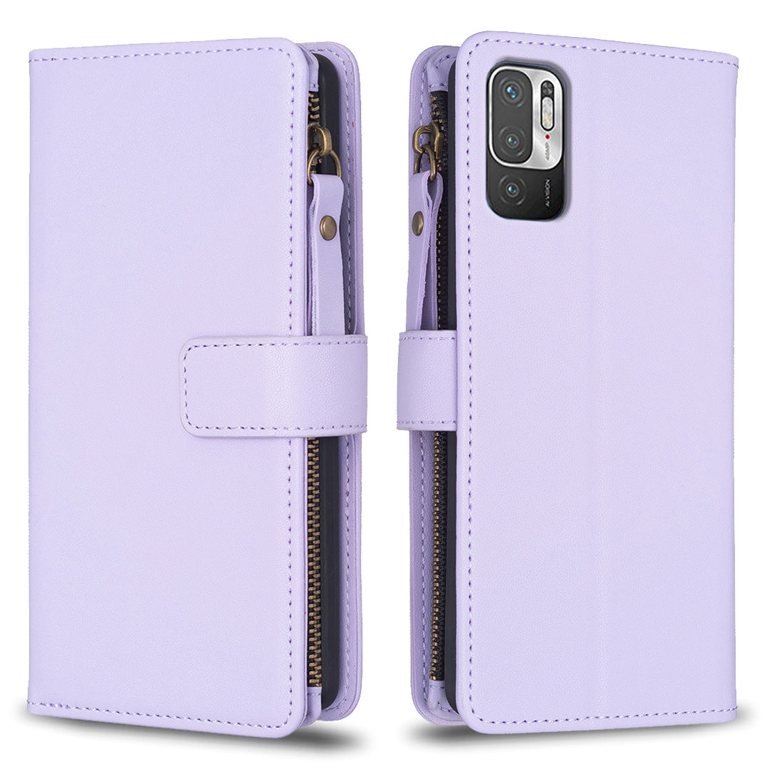 Xiaomi Redmi Note 10 5G Leather Flip Wallet Phone Case with 9 Card Slots, Zipper Compartment, and Adjustable Stand