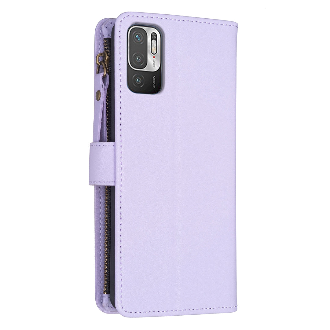 Xiaomi Redmi Note 10 5G Leather Flip Wallet Phone Case with 9 Card Slots, Zipper Compartment, and Adjustable Stand