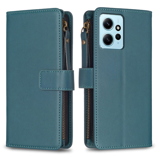 Xiaomi Redmi Note 12 4G Leather Flip Wallet Phone Case with 9 Card Slots, Zipper Compartment, and Adjustable Stand