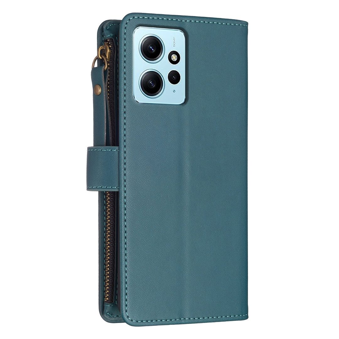 Xiaomi Redmi Note 12 4G Leather Flip Wallet Phone Case with 9 Card Slots, Zipper Compartment, and Adjustable Stand