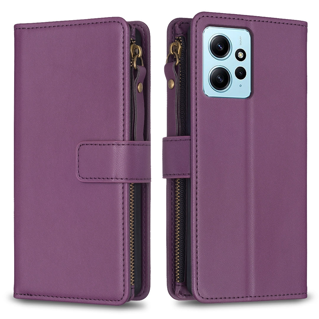 Xiaomi Redmi Note 12 4G Leather Flip Wallet Phone Case with 9 Card Slots, Zipper Compartment, and Adjustable Stand