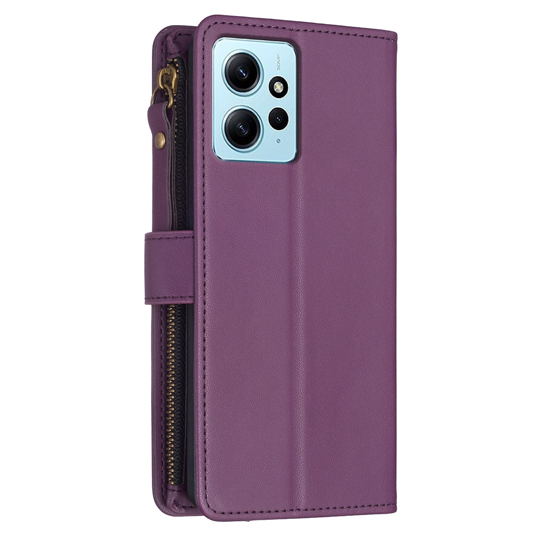Xiaomi Redmi Note 12 4G Leather Flip Wallet Phone Case with 9 Card Slots, Zipper Compartment, and Adjustable Stand