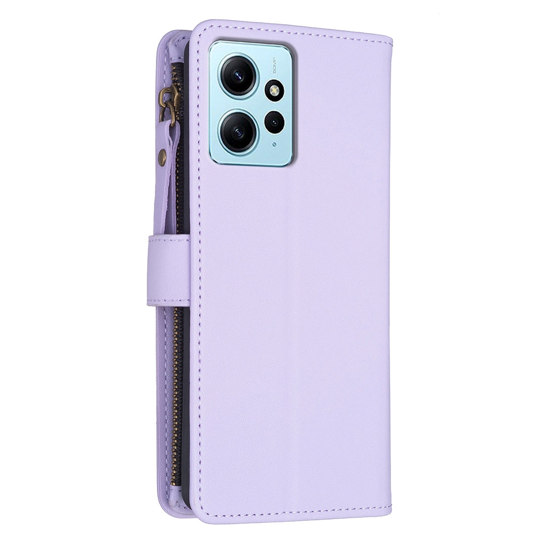 Xiaomi Redmi Note 12 4G Leather Flip Wallet Phone Case with 9 Card Slots, Zipper Compartment, and Adjustable Stand