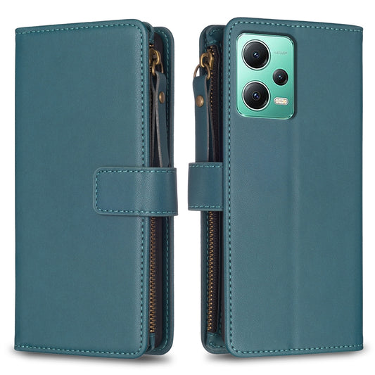 Xiaomi Redmi Note 12 5G Leather Flip Wallet Phone Case with 9 Card Slots, Zipper Compartment, and Adjustable Stand