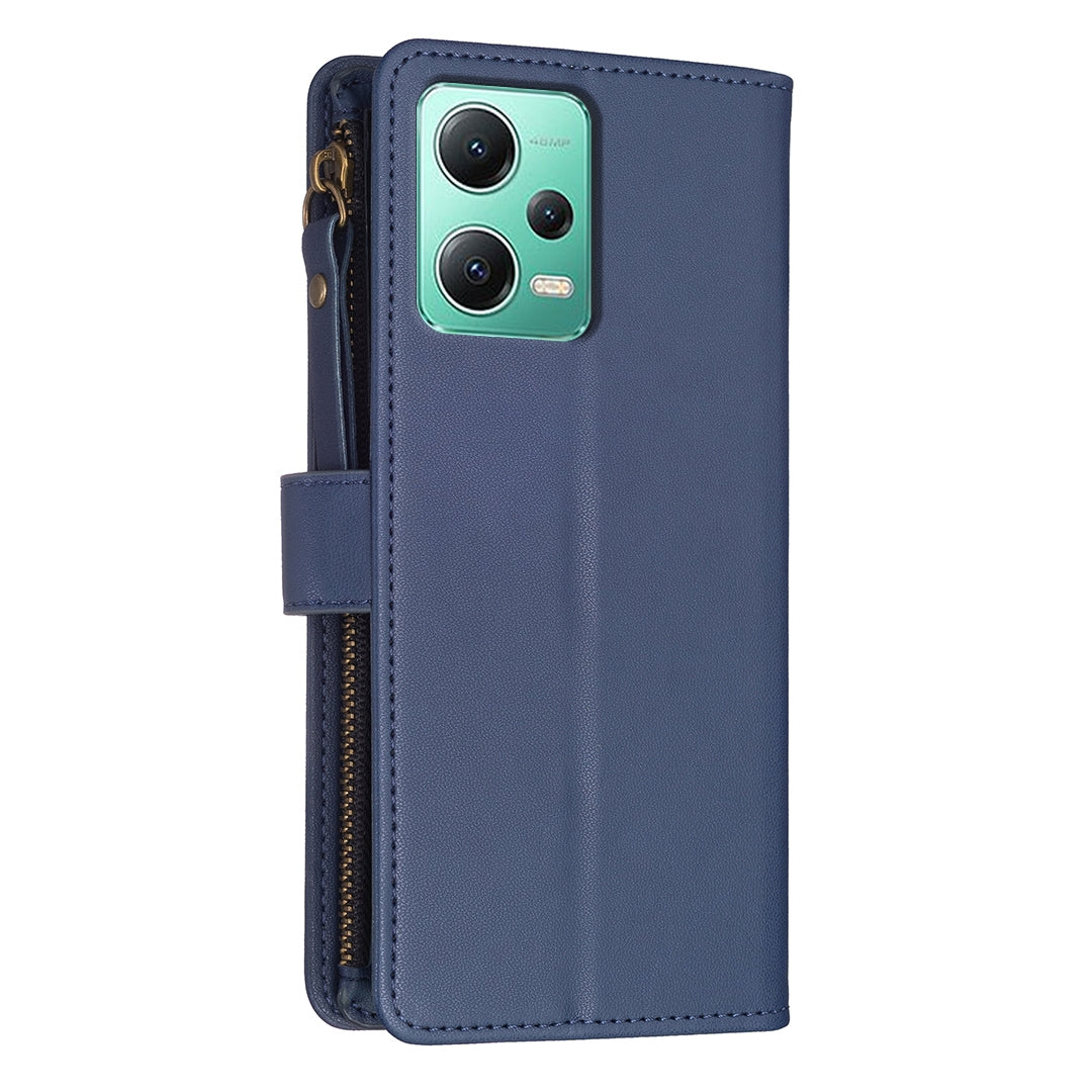 Xiaomi Redmi Note 12 5G Leather Flip Wallet Phone Case with 9 Card Slots, Zipper Compartment, and Adjustable Stand