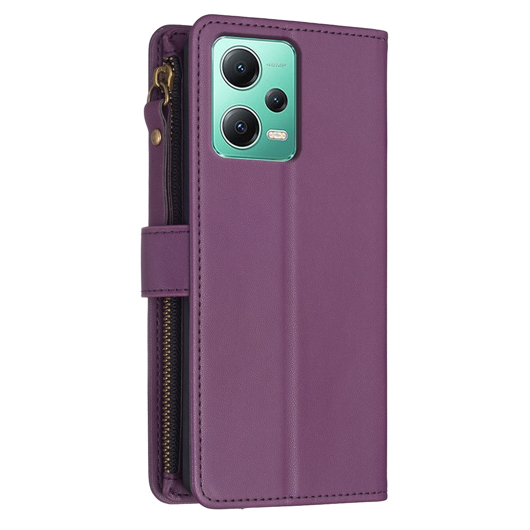 Xiaomi Redmi Note 12 5G Leather Flip Wallet Phone Case with 9 Card Slots, Zipper Compartment, and Adjustable Stand