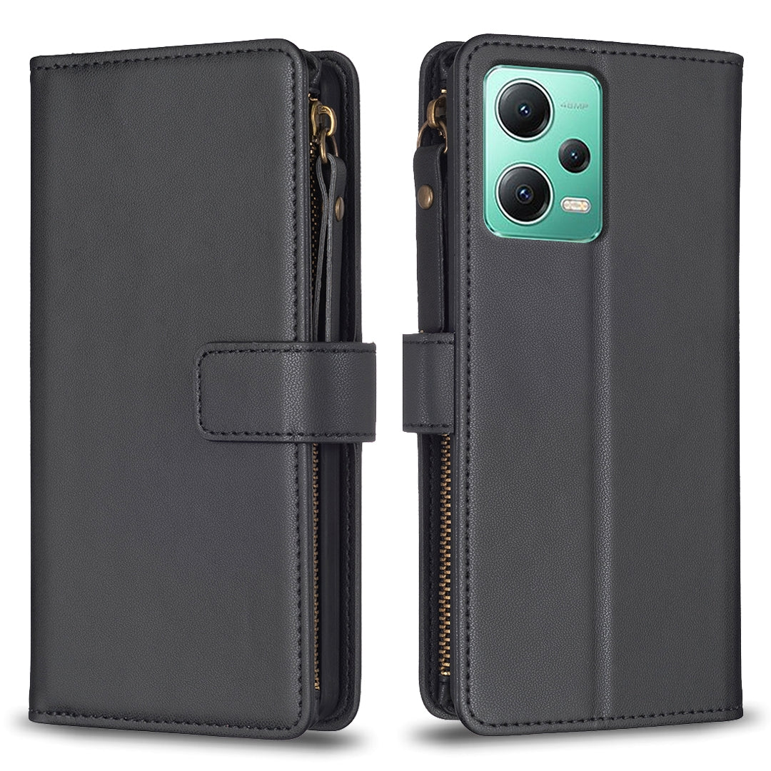 Xiaomi Redmi Note 12 5G Leather Flip Wallet Phone Case with 9 Card Slots, Zipper Compartment, and Adjustable Stand