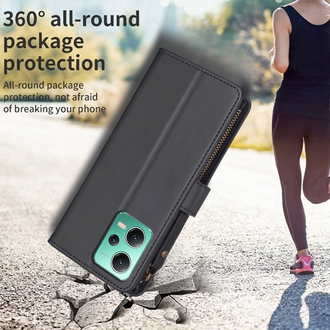 Xiaomi Redmi Note 12 5G Leather Flip Wallet Phone Case with 9 Card Slots, Zipper Compartment, and Adjustable Stand