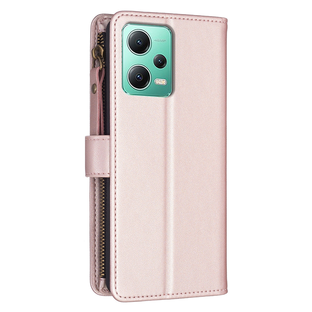 Xiaomi Redmi Note 12 5G Leather Flip Wallet Phone Case with 9 Card Slots, Zipper Compartment, and Adjustable Stand