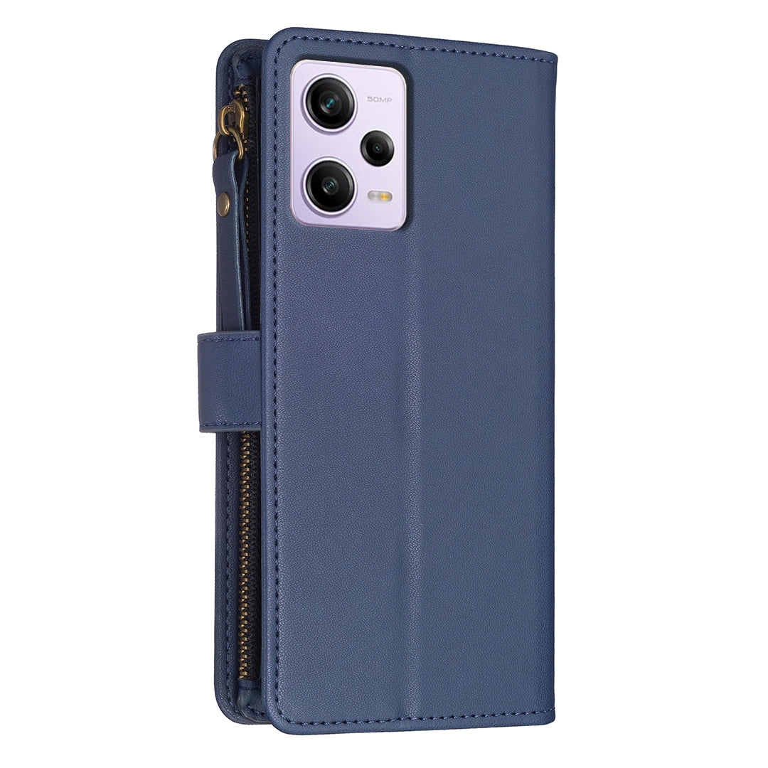 Xiaomi Redmi Note 12 Pro Leather Flip Wallet Phone Case with 9 Card Slots, Zipper Compartment, and Adjustable Stand