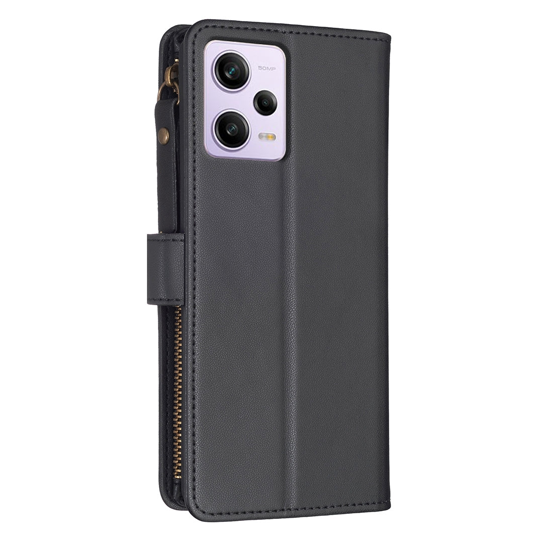 Xiaomi Redmi Note 12 Pro Leather Flip Wallet Phone Case with 9 Card Slots, Zipper Compartment, and Adjustable Stand