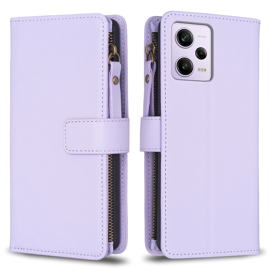 Xiaomi Redmi Note 12 Pro Leather Flip Wallet Phone Case with 9 Card Slots, Zipper Compartment, and Adjustable Stand