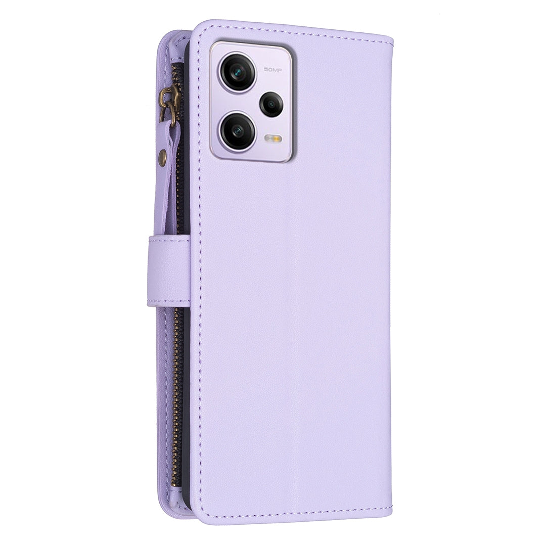 Xiaomi Redmi Note 12 Pro Leather Flip Wallet Phone Case with 9 Card Slots, Zipper Compartment, and Adjustable Stand