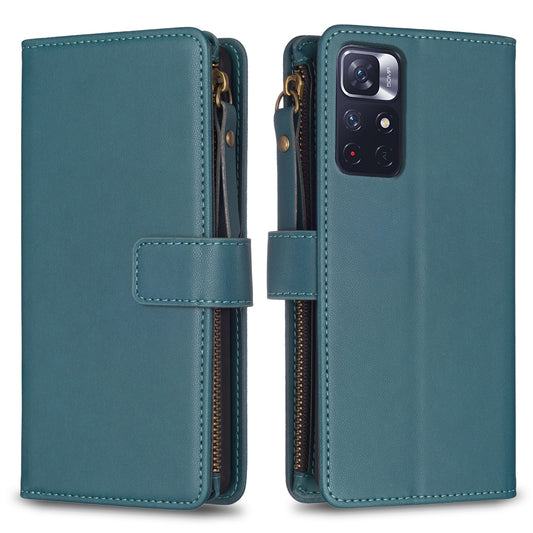 Xiaomi Redmi Note 12S 4G Leather Flip Wallet Phone Case with 9 Card Slots, Zipper Compartment, and Adjustable Stand