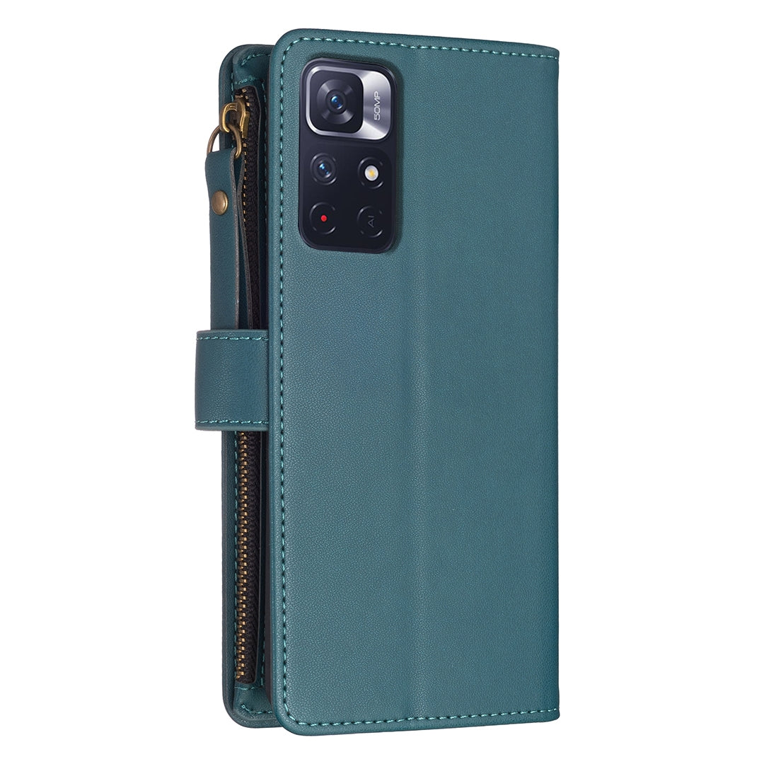 Xiaomi Redmi Note 12S 4G Leather Flip Wallet Phone Case with 9 Card Slots, Zipper Compartment, and Adjustable Stand