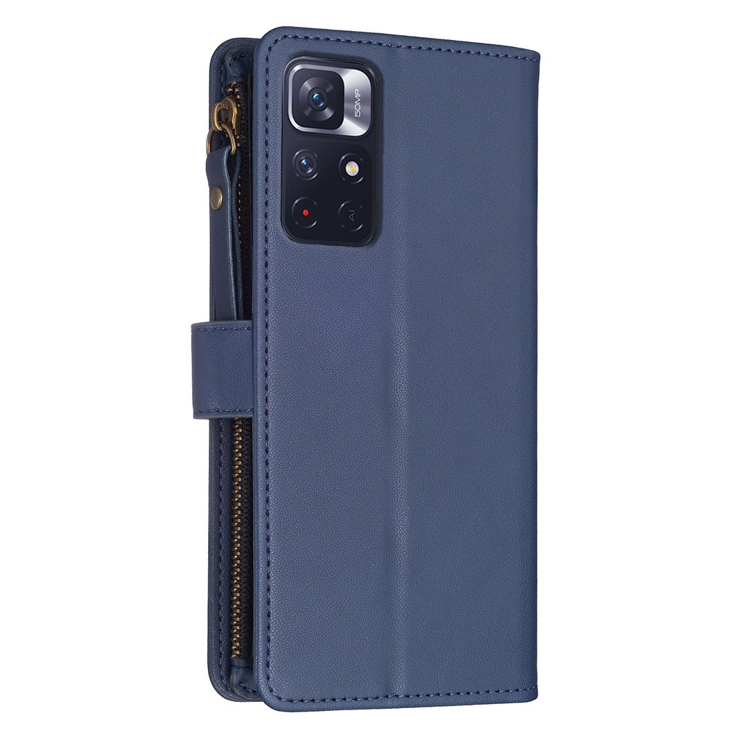 Xiaomi Redmi Note 12S 4G Leather Flip Wallet Phone Case with 9 Card Slots, Zipper Compartment, and Adjustable Stand