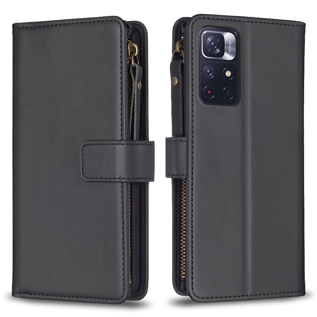 Xiaomi Redmi Note 12S 4G Leather Flip Wallet Phone Case with 9 Card Slots, Zipper Compartment, and Adjustable Stand