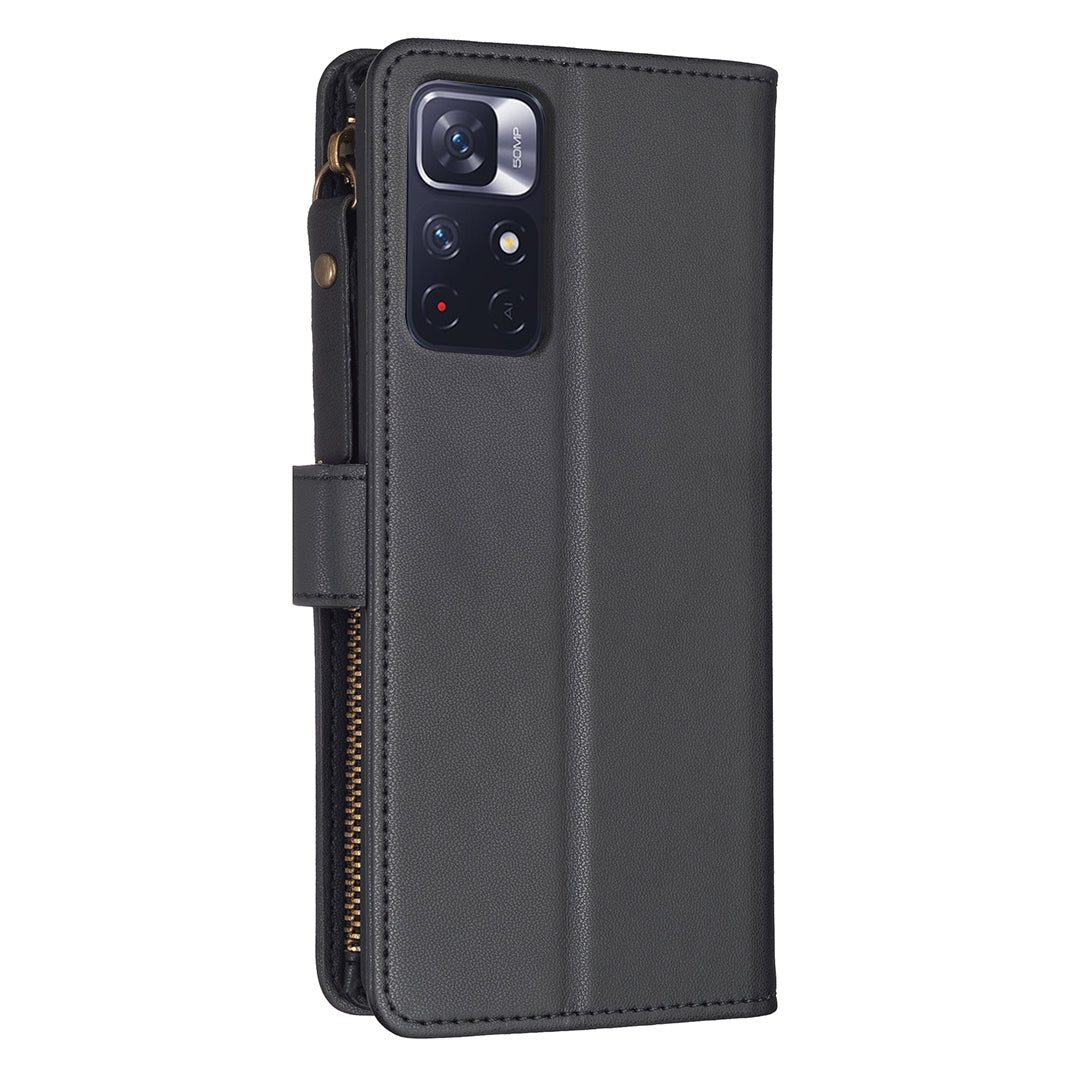 Xiaomi Redmi Note 12S 4G Leather Flip Wallet Phone Case with 9 Card Slots, Zipper Compartment, and Adjustable Stand