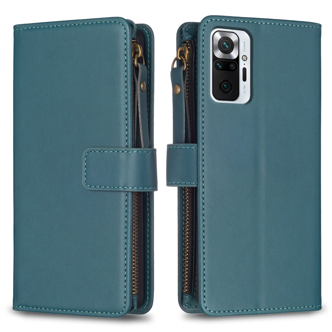 Xiaomi Redmi Note 10 Pro Leather Flip Wallet Phone Case with 9 Card Slots, Zipper Compartment, and Adjustable Stand