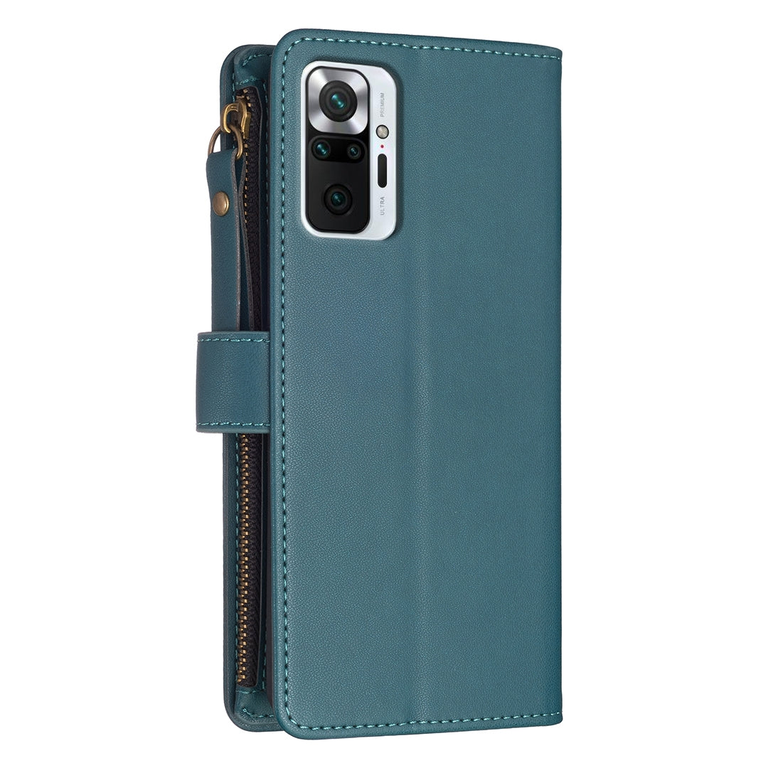 Xiaomi Redmi Note 10 Pro Leather Flip Wallet Phone Case with 9 Card Slots, Zipper Compartment, and Adjustable Stand