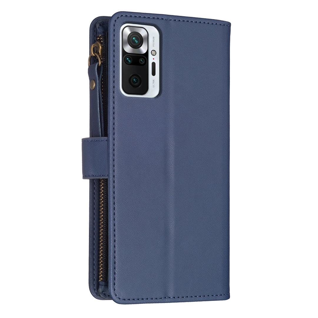 Xiaomi Redmi Note 10 Pro Leather Flip Wallet Phone Case with 9 Card Slots, Zipper Compartment, and Adjustable Stand