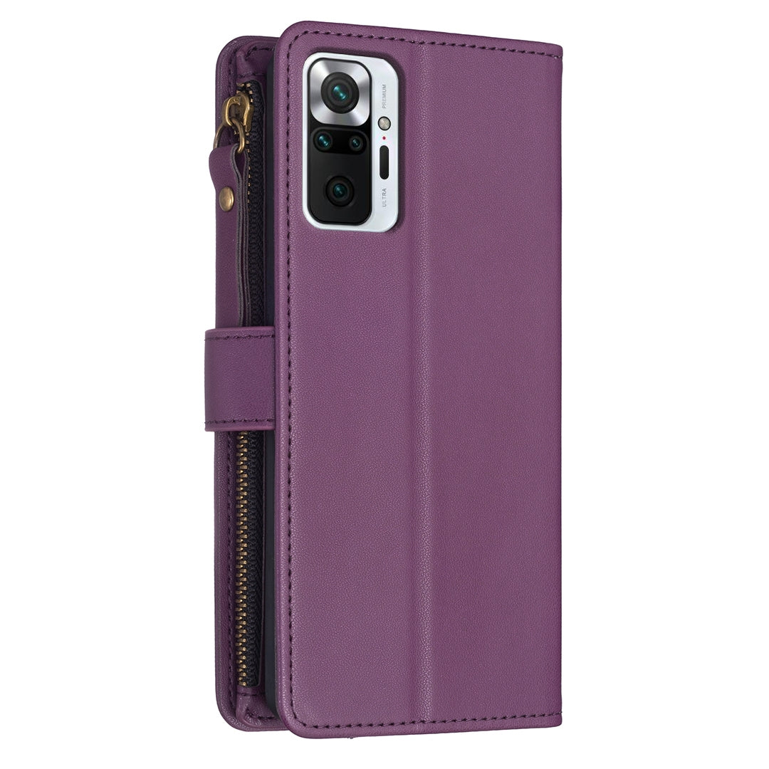 Xiaomi Redmi Note 10 Pro Leather Flip Wallet Phone Case with 9 Card Slots, Zipper Compartment, and Adjustable Stand